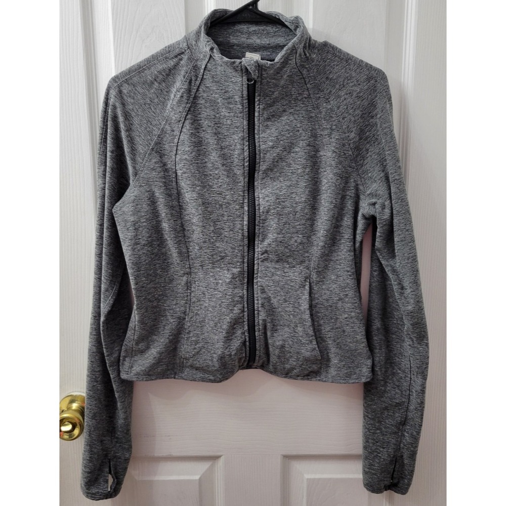 Yogalicious Lux Women's Large Full Zip Jacket Cropped Heathered Gray Pockets EUC